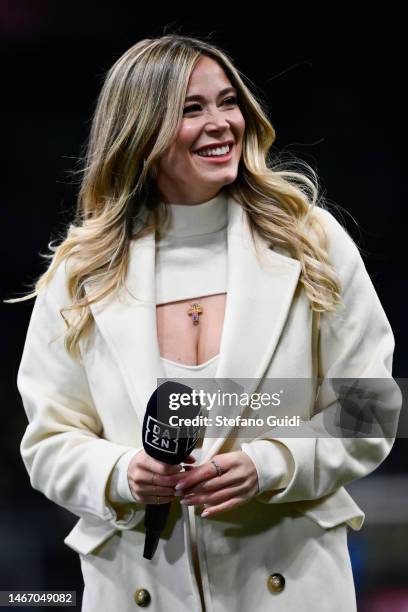 Diletta Leotta Journalit of DAZN TV during the Serie A match between FC Internazionale and AC Milan at Stadio Giuseppe Meazza on February 5, 2023 in...