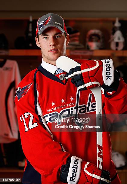 Thomas Wilson, 16th overall pick by the Washington Capitals, poses for a portrait during the 2012 NHL Entry Draft at Consol Energy Center on June 22,...