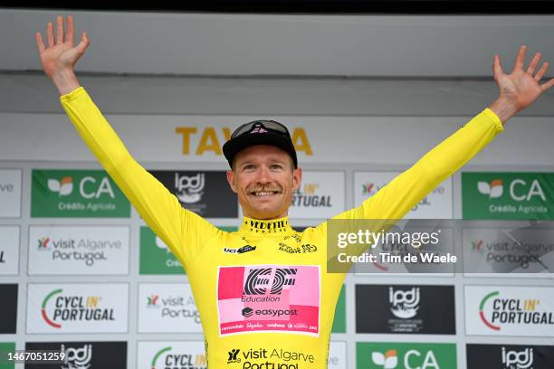 Magnus Cort Nielsen of Denmark and Team EF Education – Easypost celebrates at podium as Yellow Leader Jersey winner during the 49th Volta ao Algarve...