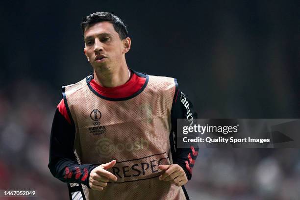 Andre Castro of SC Braga warms up prior to during the UEFA Europa Conference League knockout round play-off leg one match between Sporting Braga and...