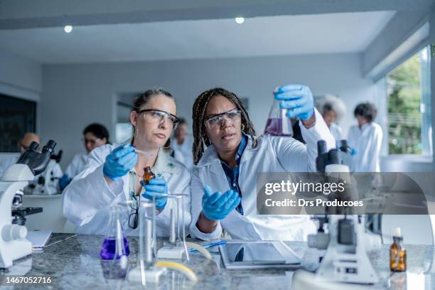 duas mulheres maduras fazendo pesquisas no laboratório - artigos de vidro de laboratório - fotografias e filmes do acervo