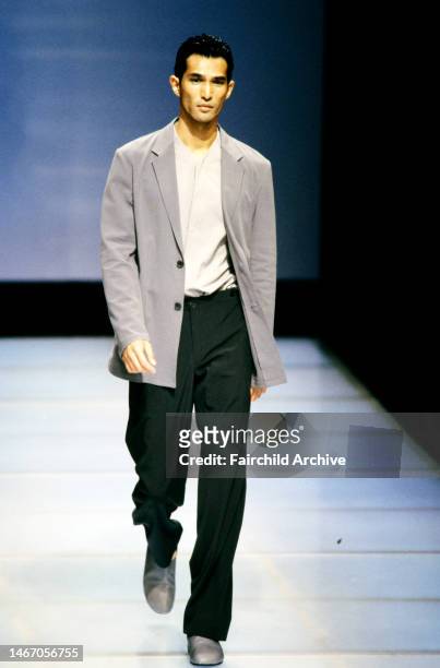 Combined Armani men's fashion show featuring three different brands - Giorgio Armani, Emporio Armani, and Armani Jeans.