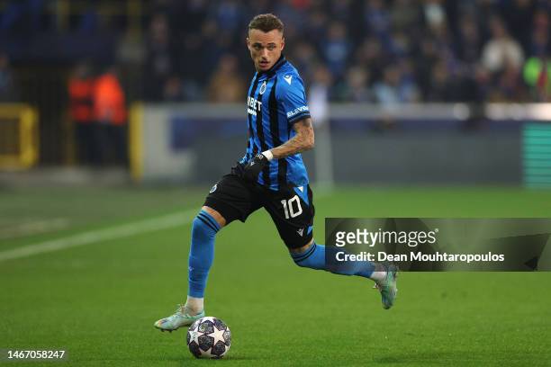 Noa Lang of Brugge in action during the UEFA Champions League round of 16 match between Club Brugge KV and SL Benfica leg one at Jan Breydel Stadium...