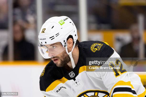 Craig Smith of the Boston Bruins skates in warm-ups prior to the game against the Nashville Predators at Bridgestone Arena on February 16, 2023 in...