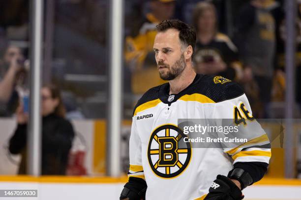 David Krejci of the Boston Bruins skates in warm-ups prior to the game against the Nashville Predators at Bridgestone Arena on February 16, 2023 in...