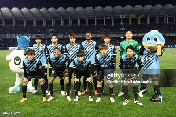 Players of Kawasaki Frontale pose for photograph the J.LEAGUE Meiji Yasuda J1 1st Sec. Match between Kawasaki Frontale and Yokohama F･Marinos at...