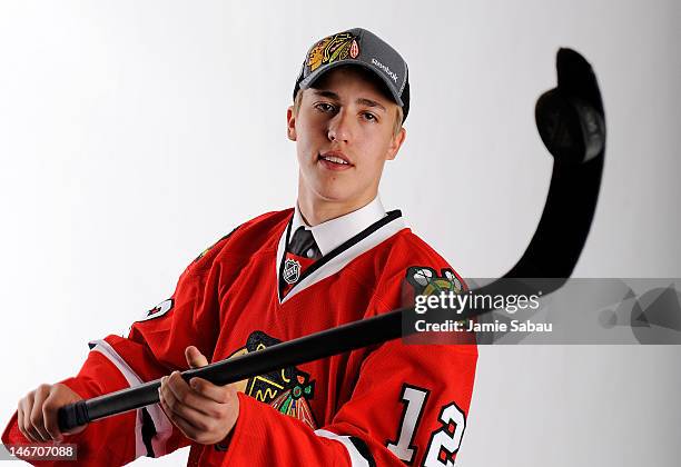 Teuvo Teravainen, 18th overall pick by the Chicago Blackhawks, poses for a portrait during Round One of the 2012 NHL Entry Draft at Consol Energy...