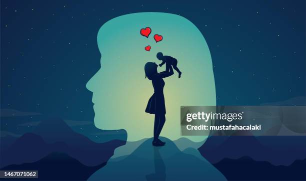 woman lifting her little baby - woman enjoying night stock illustrations