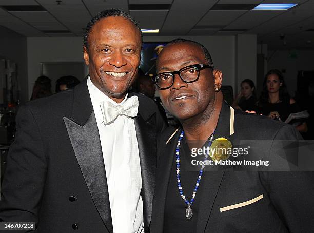 Conductor Thomas Wilkins and record producer Randy Jackson backstage at the Hollywood Bowl Opening Night Gala at the Hollywood Bowl on June 22, 2012...