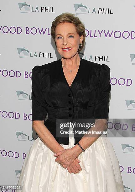 Singer, actress and host Julie Andrews backstage at the Hollywood Bowl Opening Night Gala at the Hollywood Bowl on June 22, 2012 in Hollywood,...