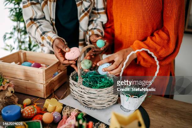 preparation for easter - easter egg basket stock pictures, royalty-free photos & images