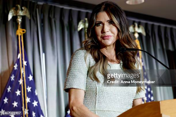South Dakota Governor Kristi Noem speaks at the Calvin Coolidge Foundation conference at the Library of Congress on February 17, 2023 in Washington,...