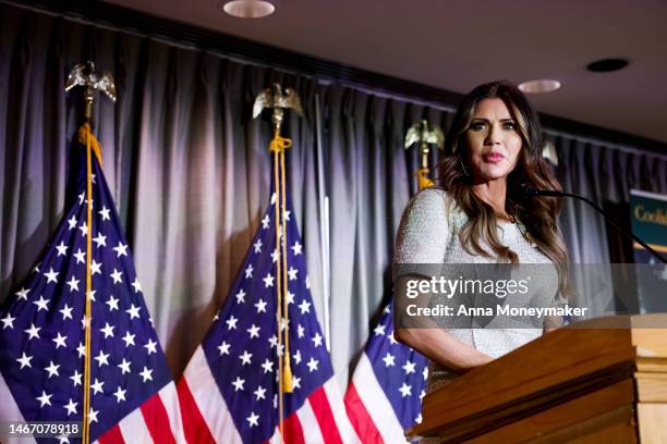 South Dakota Governor Kristi Noem speaks at the Calvin Coolidge Foundation conference at the Library of Congress on February 17, 2023 in Washington,...