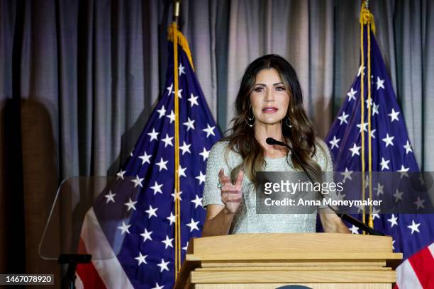 South Dakota Governor Kristi Noem gestures as she speaks at the Calvin Coolidge Foundation conference at the Library of Congress on February 17, 2023...