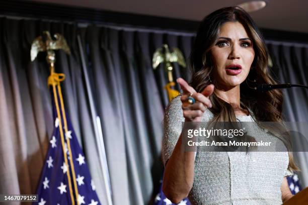 South Dakota Governor Kristi Noem gestures as she speaks at the Calvin Coolidge Foundation conference at the Library of Congress on February 17, 2023...