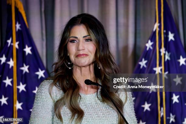 South Dakota Governor Kristi Noem speaks at the Calvin Coolidge Foundation conference at the Library of Congress on February 17, 2023 in Washington,...