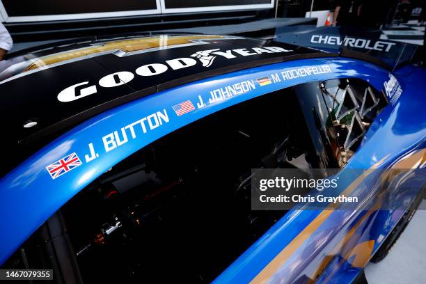 Detail view of the Jenson Button, Jimmie Johnson and Mike Rockenfeller driver stickers on the Next Gen Chevrolet Camaro ZL1 livery it plans to race...