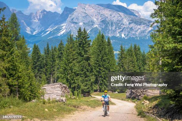 dolomites, south tyrol, italy - july 2022: tourist riding electrical bike at seiser alm - bolzano stock pictures, royalty-free photos & images
