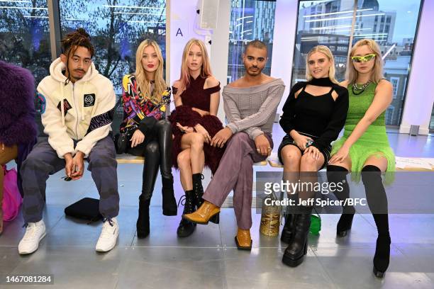 Jordan Stephens, Laura Whitmore, Mary Charteris, Layton Williams, Tigerlily Taylor and Betty Bachz attend the Mark Fast show during London Fashion...