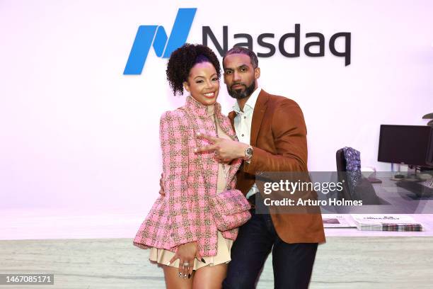 Monique Rodriguez and Melvin Rodriguez attend the NASDAQ Opening Bell Ringing Ceremony - Our Wealth: Moving Black Business Forward at NASDAQ on...