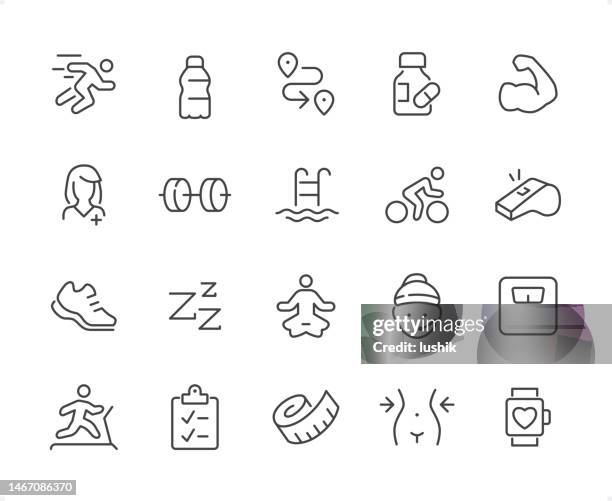 fitness icon set. editable stroke weight. pixel perfect icons. - food diary icon stock illustrations