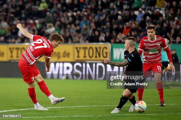 Arne Engels FC Augsburg shoots for score their first side goal which was later disallowed during the Bundesliga match between FC Augsburg and TSG...