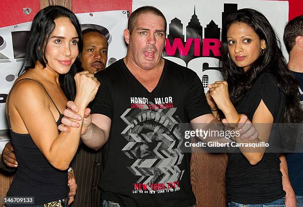 Nadya 'Octomom' Suleman, Celebrity Boxing promoter Damon Feldman and Shila from The Chio Morning Show attend the Celebrity Pillow Fight press...