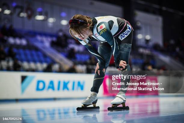 Ayano Sato of Japan looks on in the Women's 3000m during the ISU World Cup Speed Skating Final at Arena Lodowa February 17, 2023 in Tomaszow...