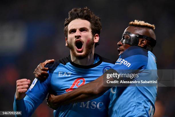 Khvicha Kvaratskhelia of SSC Napoli celebrates after scoring their first side goal with Victor Osimhen of SSC Napoli during the Serie A match between...