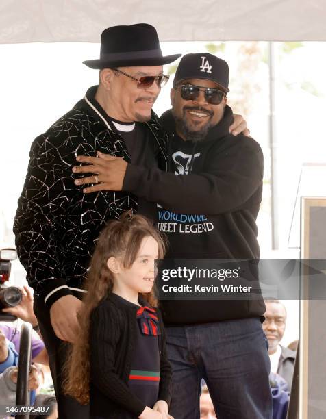 Ice-T, Chanel Nicole Marrow and Ice Cube speak onstage during the Hollywood Walk of Fame Star Ceremony for Ice-T on February 17, 2023 in Hollywood,...