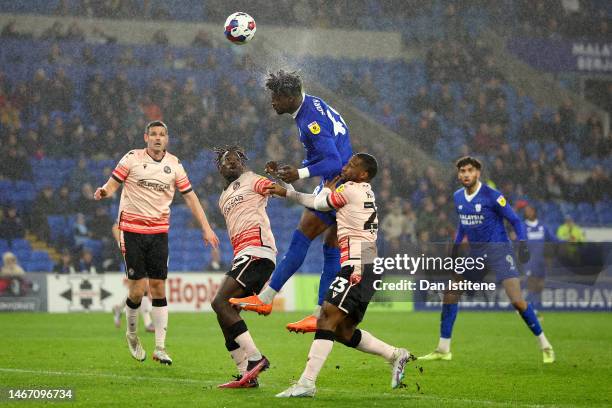 Sory Kaba of Cardiff City FC makes a header to score their first side goal during the Sky Bet Championship between Cardiff City and Reading at...