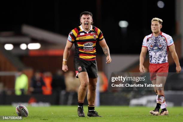 Oliver Partington of Salford Red Devils celebrates during the Betfred Super League Match between Leigh Leopards and Salford Red Devils at Leigh...