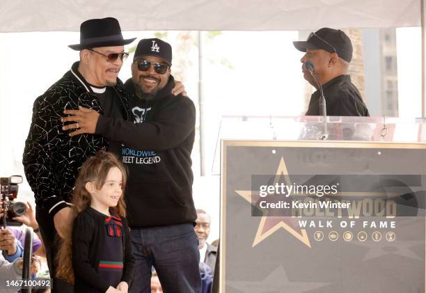 Ice-T, Chanel Nicole Marrow, Ice Cube and Chuck D speak onstage during the Hollywood Walk of Fame Star Ceremony for Ice-T on February 17, 2023 in...