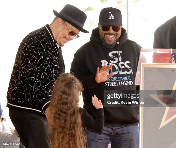 Ice-T, Chanel Nicole Marrow and Ice Cube attend the Hollywood Walk of Fame Star Ceremony for Ice-T on February 17, 2023 in Hollywood, California.
