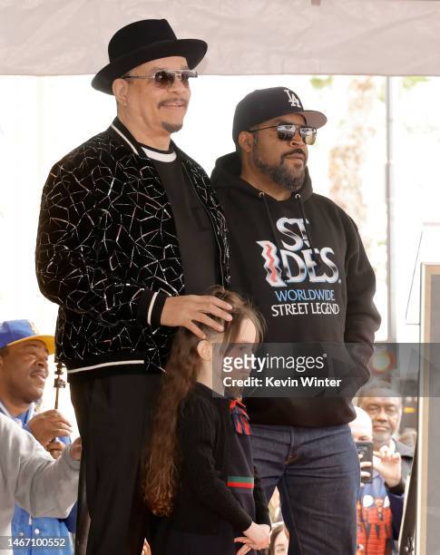Ice-T, Chanel Nicole Marrow and Ice Cube attend the Hollywood Walk of Fame Star Ceremony for Ice-T on February 17, 2023 in Hollywood, California.