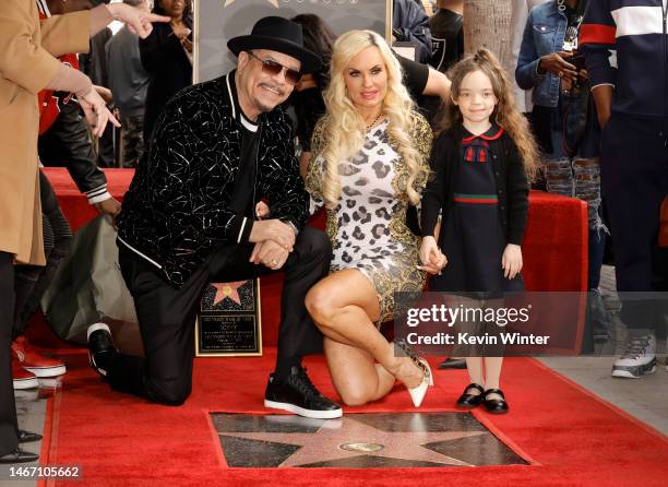Ice-T, Coco Austin and Chanel Nicole Marrow pose onstage during the Hollywood Walk of Fame Star Ceremony for Ice-T on February 17, 2023 in Hollywood,...