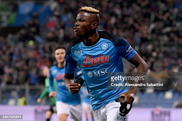 Victor Osimhen of SSC Napoli celebrates after scoring their second sige goal during the Serie A match between US Sassuolo and SSC Napoli at Mapei...