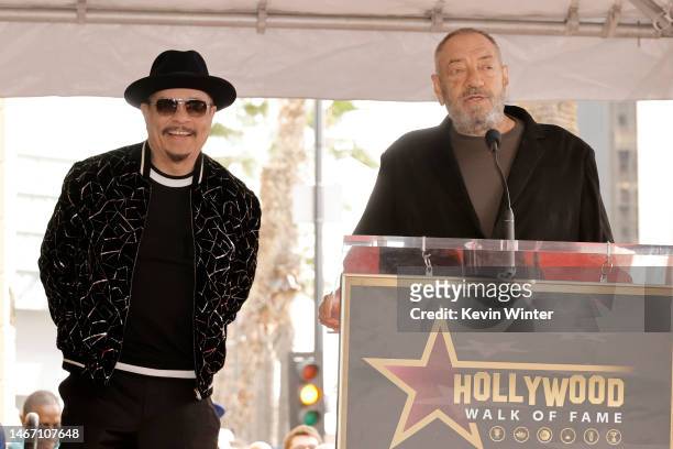 Ice-T and Dick Wolf speak onstage during the Hollywood Walk of Fame Star Ceremony for Ice-T on February 17, 2023 in Hollywood, California.