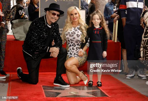 Ice-T, Coco Austin and Chanel Nicole Marrow pose onstage during the Hollywood Walk of Fame Star Ceremony for Ice-T on February 17, 2023 in Hollywood,...