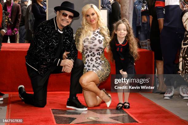 Ice-T, Coco Austin and Chanel Nicole Marrow pose onstage during the Hollywood Walk of Fame Star Ceremony for Ice-T on February 17, 2023 in Hollywood,...