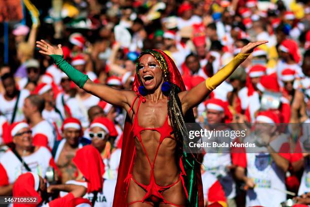 Reveler attends the Carmelitas street party on the first day of Carnival in Rio de Janeiro on February 17, 2023 in Rio de Janeiro, Brazil.