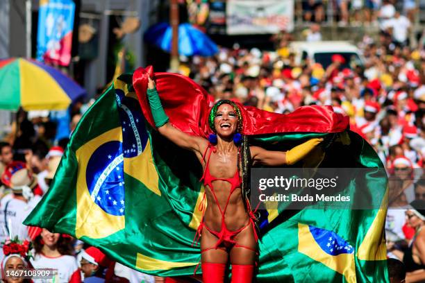 Reveler attends the Carmelitas street party on the first day of Carnival in Rio de Janeiro on February 17, 2023 in Rio de Janeiro, Brazil.