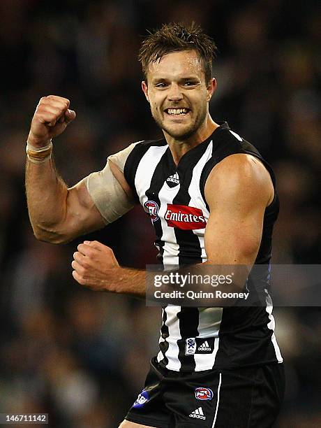 Nathan Brown of the Magpies celebrates winning the round 13 AFL match between the Collingwood Magpies and the West Coast Eagles at Melbourne Cricket...