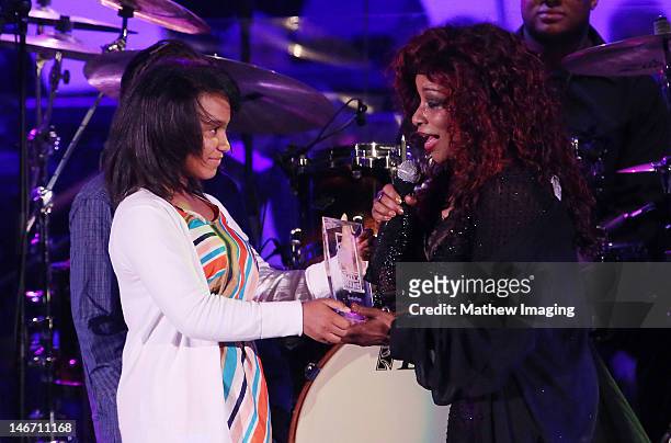 Singer and Hollywood Bowl Hall of Fame inductee Chaka Khan and her grand daughter onstage at the Hollywood Bowl Opening Night Gala on June 22, 2012...
