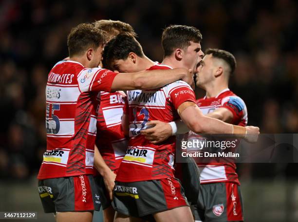 Louis Rees-Zammit of Gloucester celebrates after scoring a second half try during the Gallagher Premiership Rugby match between Gloucester Rugby and...
