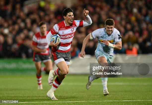 Louis Rees-Zammit of Gloucester celebrates as he scores a second half try during the Gallagher Premiership Rugby match between Gloucester Rugby and...