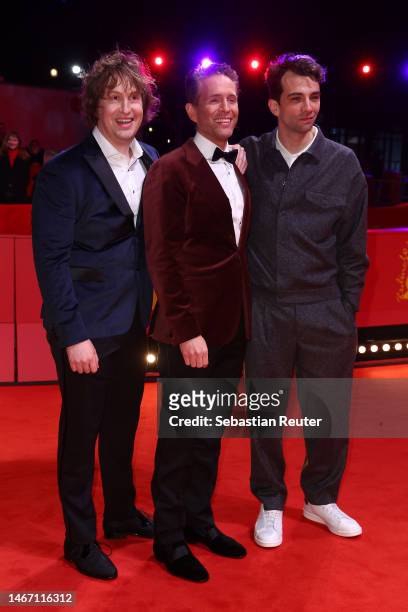Director Matthew Johnson, Glenn Howerton, and Jay Baruchel attend the "BlackBerry" premiere during the 73rd Berlinale International Film Festival...