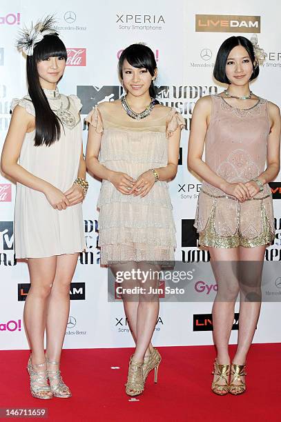 Perfume walks on the red carpet of the MTV Video Music Awards Japan 2012 at Makuhari Messe on June 23, 2012 in Chiba, Japan.