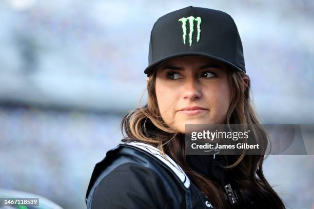 Hailie Deegan, driver of the Ford Performance Ford, looks on during practice for the NASCAR Xfinity Series Beef. It's What's For Dinner. 300 at...