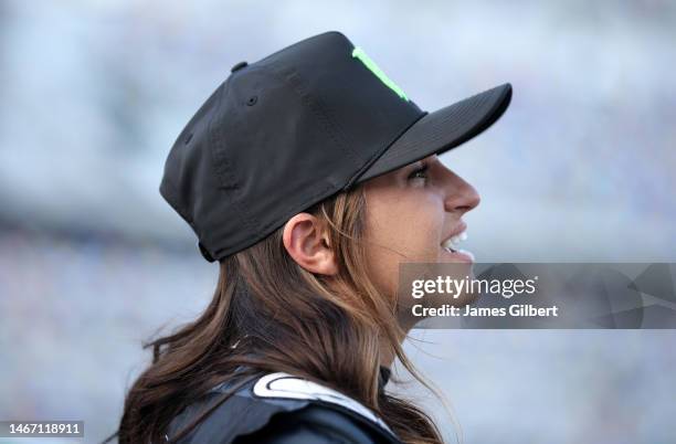 Hailie Deegan, driver of the Ford Performance Ford, looks on during practice for the NASCAR Xfinity Series Beef. It's What's For Dinner. 300 at...
